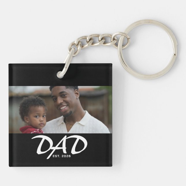 Dad Established Modern Bold Photo Key Ring (Back)