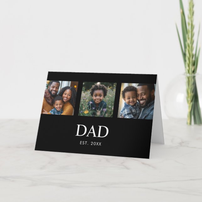 Dad Established Modern Bold Simple Black 3 Photo Card (Front)