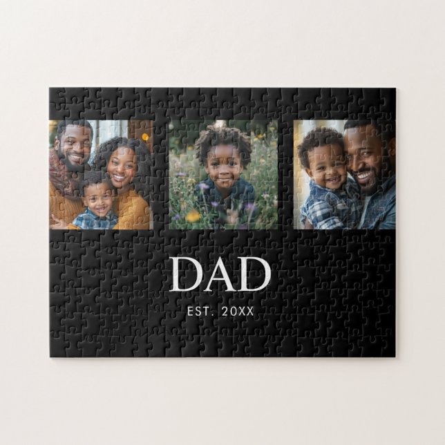 Dad Established Modern Bold Simple Black 3 Photo Jigsaw Puzzle (Horizontal)