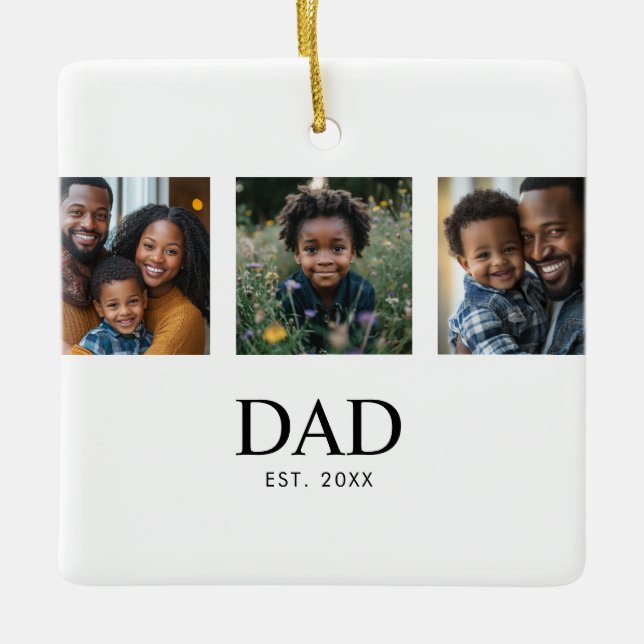 Dad Established Modern Minimalist 3 Photo Ceramic Ornament (Front)