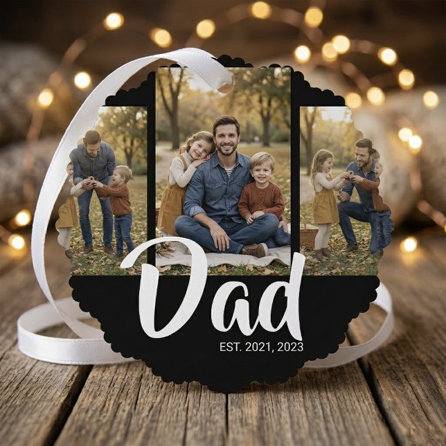 Dad Established Modern Script Black 3 Photo Tree Decoration Card (Dad Established Modern Script Black 3 Photo Ornament Card)