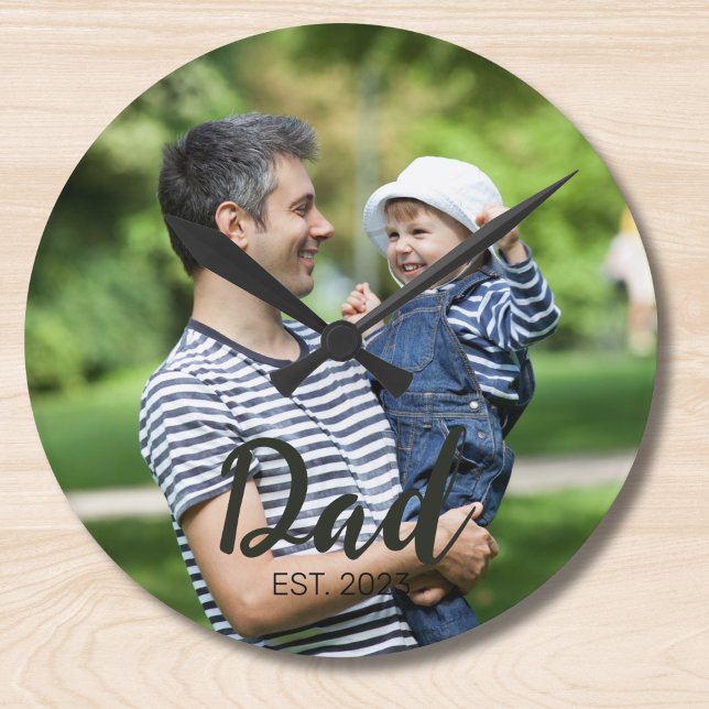 Dad Established Modern Script Photo Round Clock (Creator Uploaded)