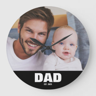 Dad Established Modern White Bold Photo Round Large Clock