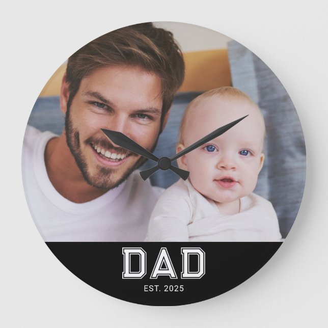 Dad Established Modern White Bold Photo Round Large Clock (Front)