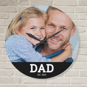 Dad Established Modern White Photo Round Large Clock