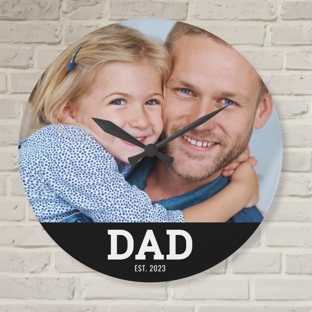Dad Established Modern White Photo Round Large Clock (Creator Uploaded)