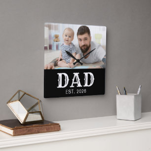 Dad Established Modern White Typography Photo Square Wall Clock