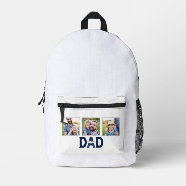 Dad Established Navy Blue Fun 3 Photo Printed Backpack (Front)