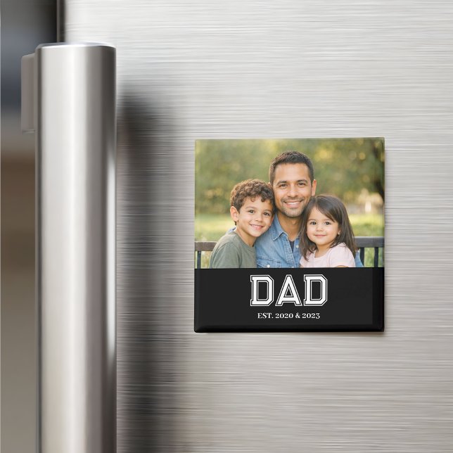 Dad Established Photo Modern Typography Gift Magnet (Dad Established design with sports style "DAD" typography and the years he became a dad underneath.)