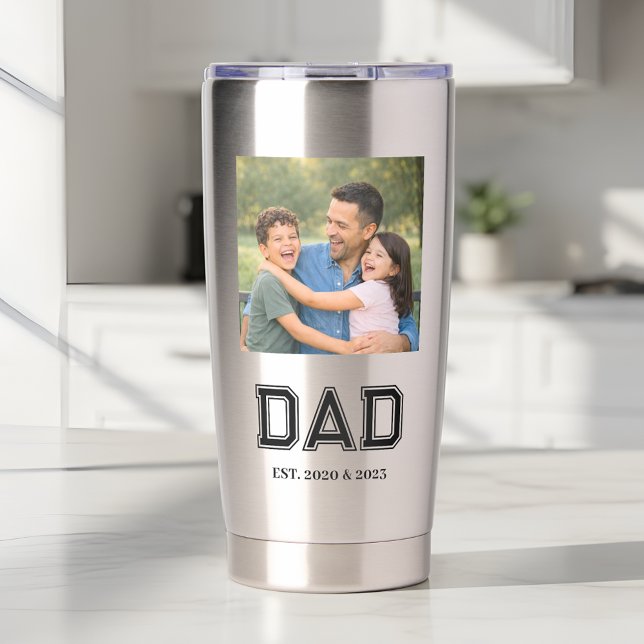 Dad Established Photo Modern Typography New Dad Insulated Tumbler (Modern "Dad Established" design with photo and sports style typography - ideal for Dads on the go!)