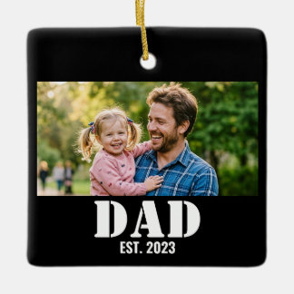 Dad Established Simple Bold White Text and Photo Ceramic Ornament