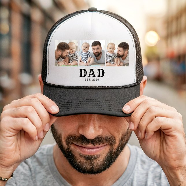Dad Established Typography Black 3 Photo Trucker Hat (Creator Uploaded)
