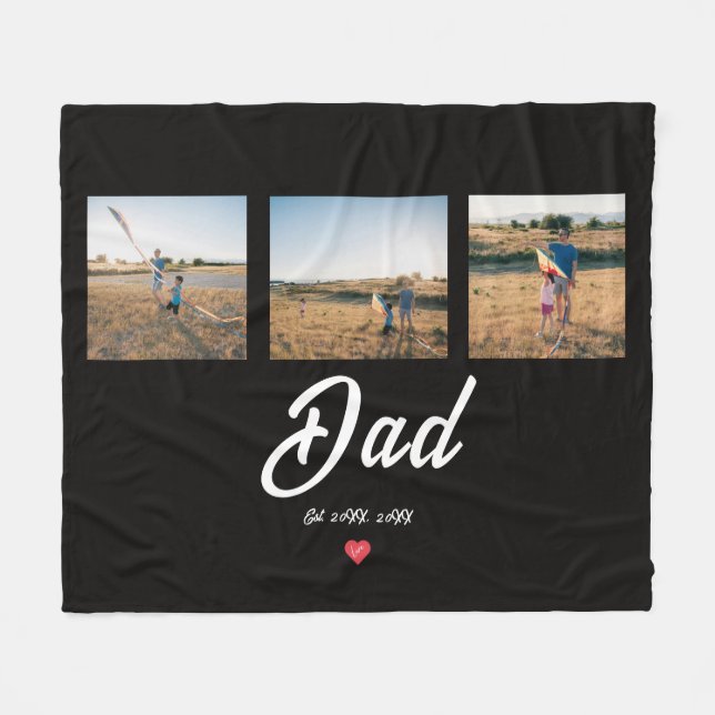 Dad Established White Script Red Heart 3 Photo  Fleece Blanket (Front (Horizontal))