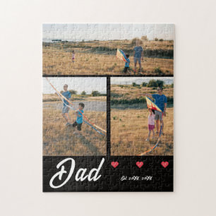 Dad Established White Script Red Heart 3 Photo Jigsaw Puzzle