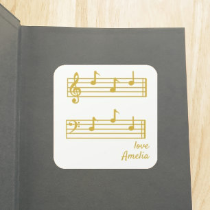 DAD GOLD & CREAM MUSICAL NOTES SCORE BOOKPLATE SQUARE STICKER