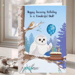 Dad Happy January Birthday Snowy Owl Card<br><div class="desc">This charming January birthday card features a striking Snowy Owl holding a snowflake balloon beside a rich chocolate birthday cake, set within a cozy winter scene. In the background, a small Barn Owl looks on from the snowy landscape, adding a gentle touch of nature and seasonal charm. Perfect for a...</div>
