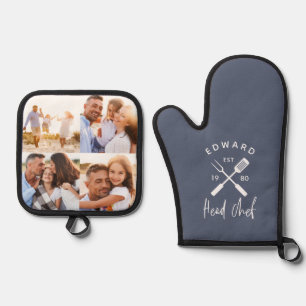 Dad head chef bbq grill 4 photo dusty blue 4 photo oven mitt & pot holder set