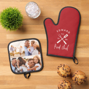 Dad head chef bbq grill 4 photo red 4 photo oven mitt & pot holder set