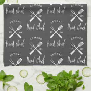 Dad head chef bbq grill Christmas birthday modern Tea Towel
