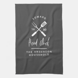 Dad head chef bbq grill Christmas birthday modern  Tea Towel