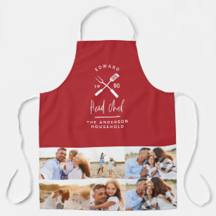 Dad head chef bbq grill multi photo modern red apron