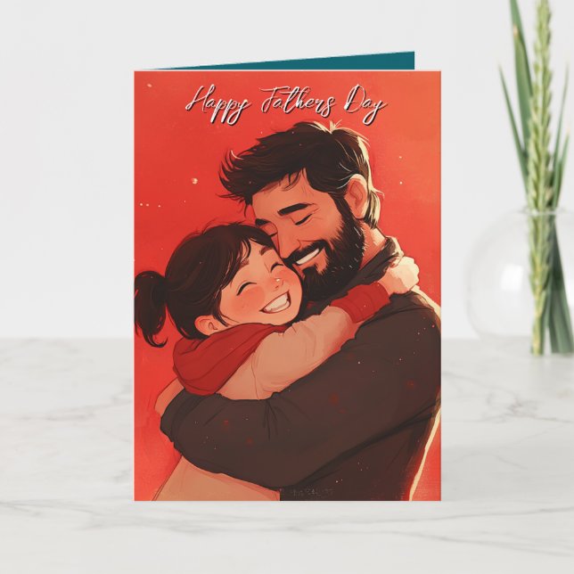 Dad hugging child red Folding fathers day card (Front)
