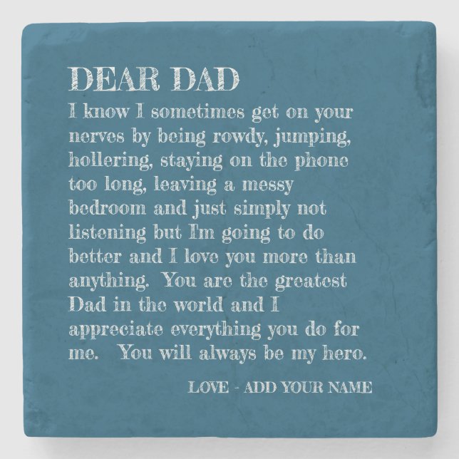 Dad Letter From Teen Daughter Blue Personalised Stone Coaster (Front)