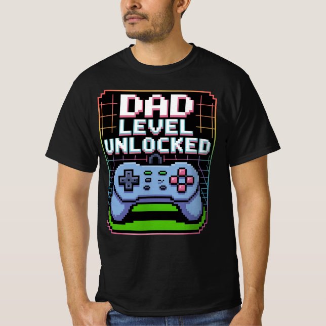 DAD LEVEL UNLOCKED – Neon Power-Up Pixel Tee (Front)