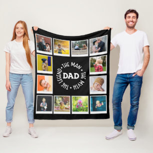 Dad Man Myth Legend Photo Collage Chic Black Fleece Blanket