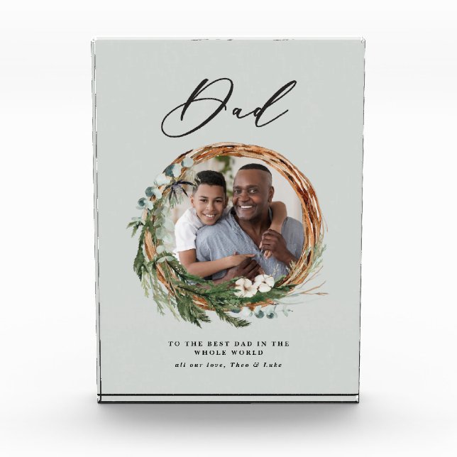 Dad modern chic elegant leafy wreath photo block (Front)