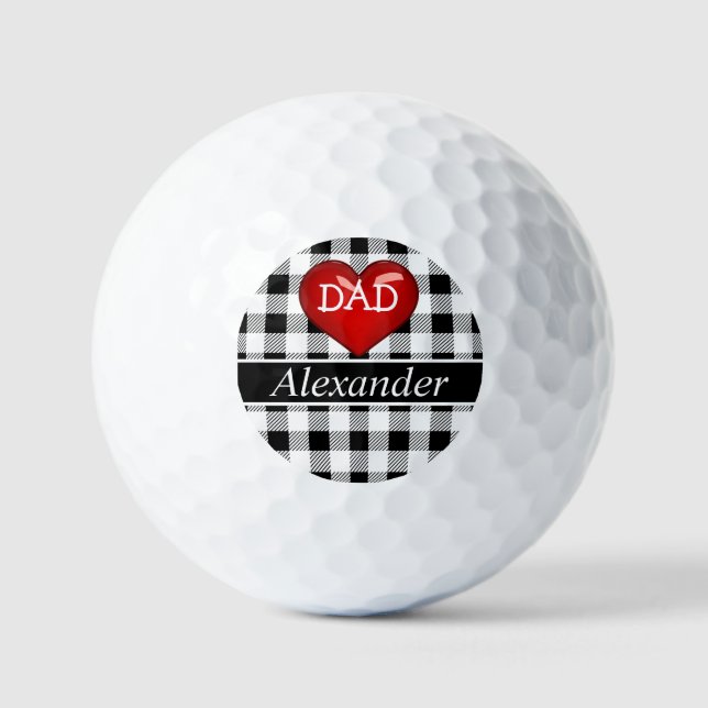Dad Monogram Buffalo Plaid Black white red heart  Golf Balls (Front)