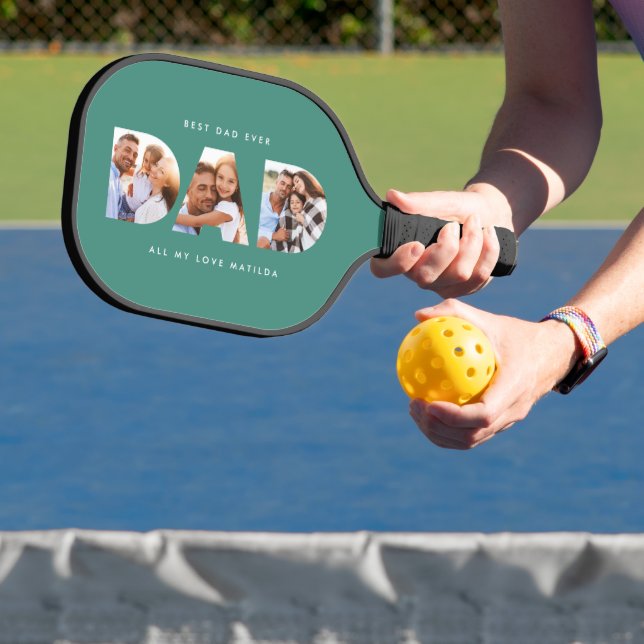 dad multi photo modern typography green pickleball paddle (Insitu)