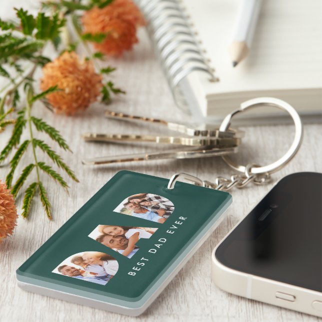 Dad multi photo typography green modern key ring (Front Right)