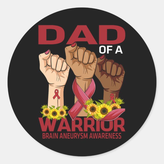 Dad Of A Warrior Brain Aneurysm Awareness Sunflowe Classic Round Sticker (Front)