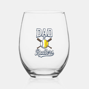 Dad of Ballers Baseball Softball Vintage Design_1 Stemless Wine Glass