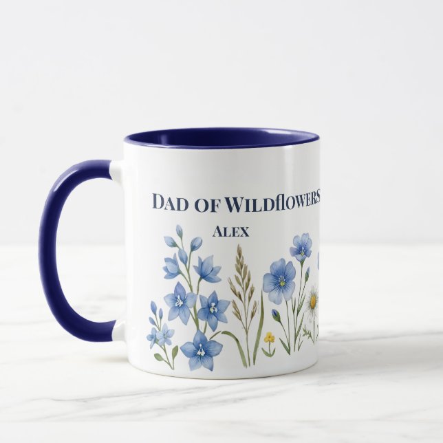 Dad of Wildflowers Floral Blue Custom Name Mug (Left)