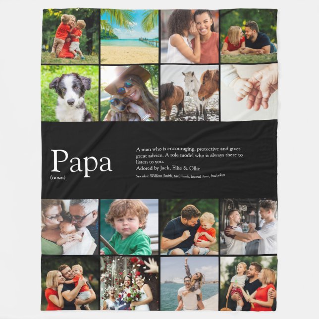 Dad Papa Ever Definition Photo Collage Black Fleece Blanket (Front)