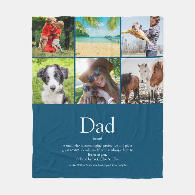 Dad Papa Father Definition 6 Photo Collage Blue Fleece Blanket (Front)