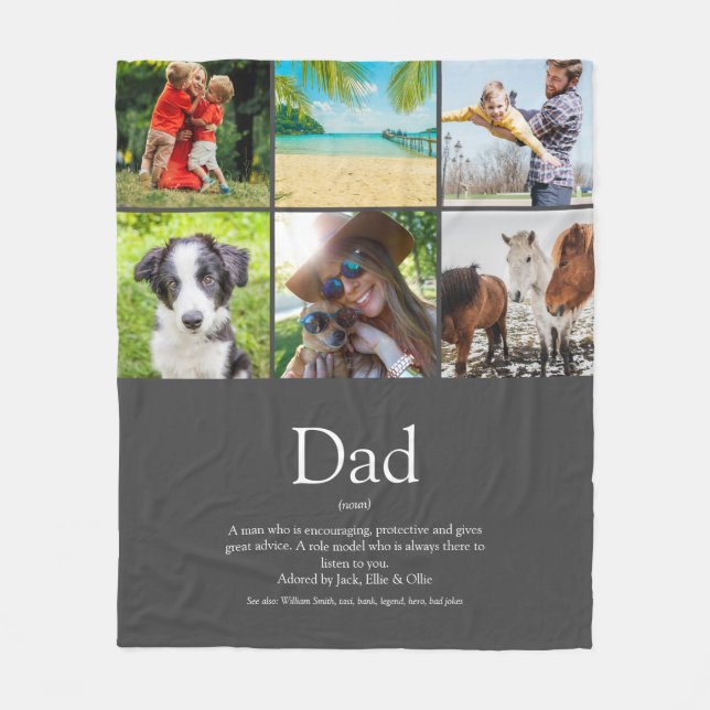 Dad Papa Father Definition 6 Photo Collage Grey Fleece Blanket (Front)