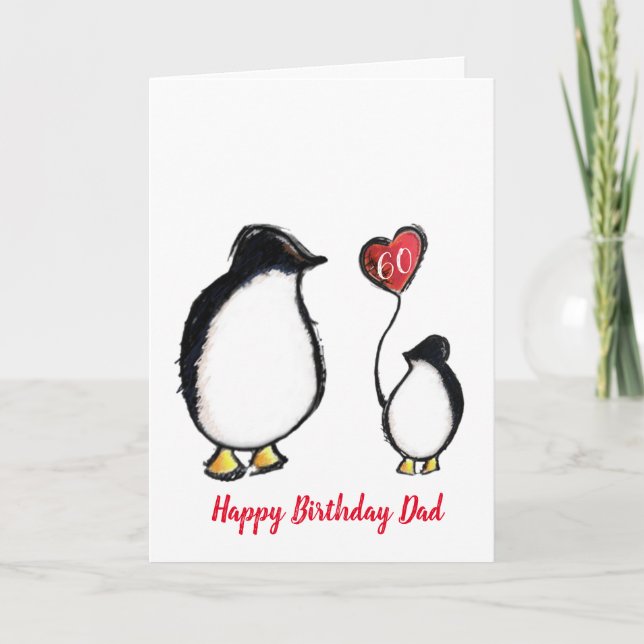 Dad penguin 60th or any age birthday card (Front)