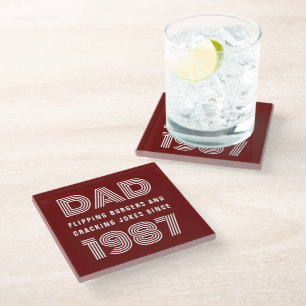 Dad Personalised Year Grill Master BBQ Red Glass Coaster