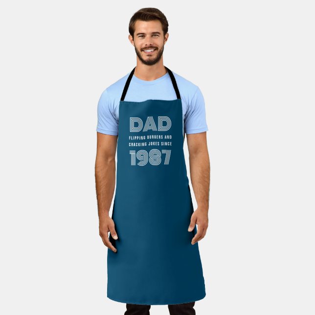 Dad Personalised Year Grill Master BBQ Teal Blue Apron (Worn)