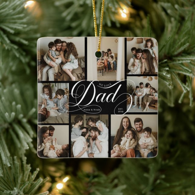 Dad Script Typography 9 Photo Collage Ceramic Ornament (Tree)