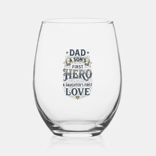 Dad Son Hero Daughter Love Vintage Typography Shir Stemless Wine Glass