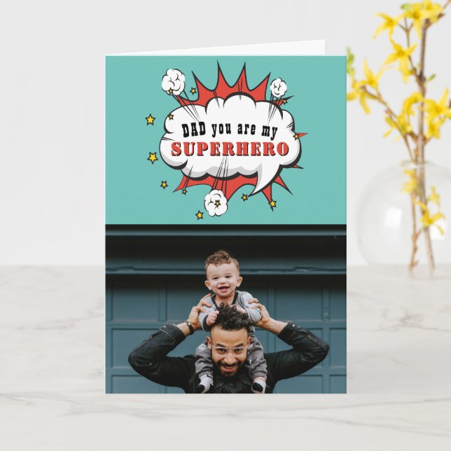 Dad Superhero Cartoon Speech Bubble Fathers day Ca Card (Yellow Flower)