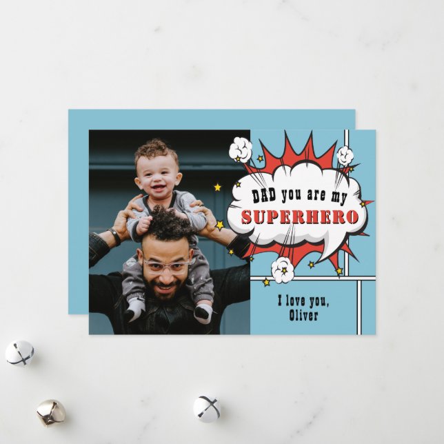 Dad Superhero Comic Speech Bubble Photo  Holiday Card (Front/Back In Situ)