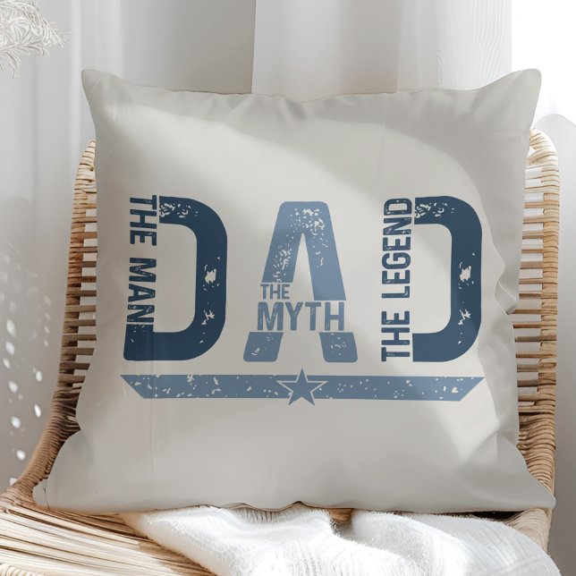 "DAD The Man Mith Legend" Father's Day Gift Cushion ("DAD The Man Mith Legend" Father's Day Gift Throw Pillow on a sunny neutral arm chair)