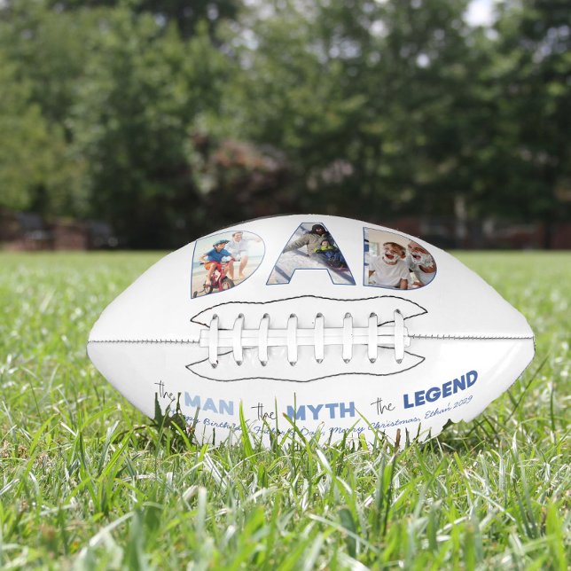 DAD The Man Myth Legend Blue Gradient Photo American Football (Easily personalize this DAD the man football with your photos & name for a unique Father's Day gift)