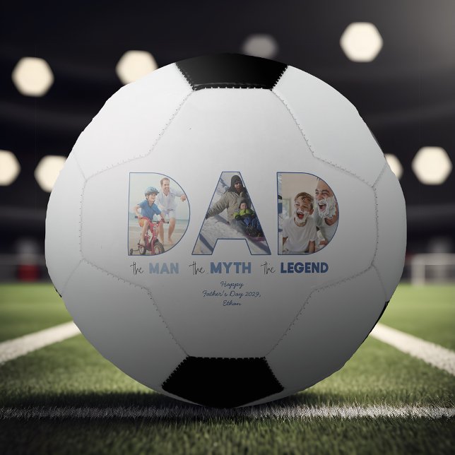 DAD The Man Myth Legend Blue Gradient Photo Football (Easily personalize this DAD the Man Soccer ball with your photos & text for a gift he'll love)