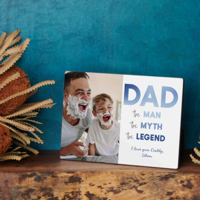 DAD The Man Myth Legend Blue Gradient Photo Plaque (Easily personalize this photo Dad gift with your image and message, for a gift he'll treasure)
